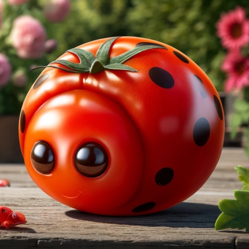 1. Domates Uğur böceğine dönüşen bir domatesin gerçekçi görüntüsü. Domates, kırmızı rengini ve yuvarlak şeklini koruyarak, noktalar, gözler ve bacaklar gibi ek özelliklerle yaratıcı bir şekilde uğur böceğine dönüştürüldü. Arka planda çiçekler ve yapraklardan oluşan bir bahçe ortamı var.