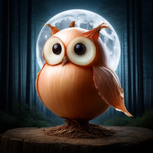 4. Soğan Baykuşa dönüşen bir soğanın gerçekçi görüntüsü. Soğan, tüyler, gözler ve kanatlar gibi ek özelliklerle birlikte yuvarlak şeklini ve katmanlarını koruyarak yaratıcı bir şekilde bir baykuşa dönüştürüldü. Arka planda ağaçlar ve ay bulunan bir gece ormanı ortamı var.