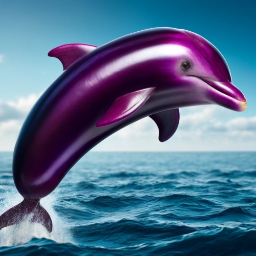 6. Patlıcan Yunusa dönüşen patlıcanın gerçekçi görüntüsü. Patlıcan, mor rengini ve pürüzsüz şeklini koruyarak, yüzgeçler, gözler ve kuyruk gibi ek özelliklerle yaratıcı bir şekilde yunusa dönüştürülür. Arka planda dalgalar ve gökyüzü olan bir okyanus ortamı var.