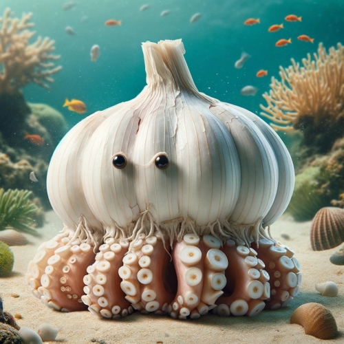 7. Sarımsak Ahtapota dönüşen sarımsağın gerçekçi görüntüsü. Sarımsak, beyaz, soğanlı şeklini koruyarak, dokunaçlar, gözler ve ağız gibi ek özelliklerle yaratıcı bir şekilde ahtapota dönüştürülür. Arka plan mercan ve balıkların bulunduğu bir su altı ortamıdır.