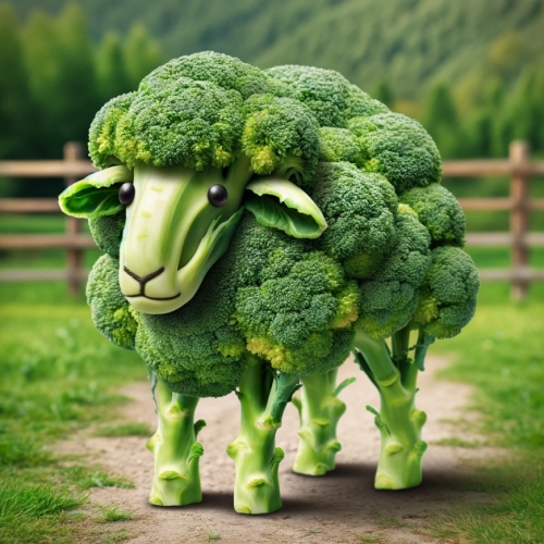 8. Brokoli Koyuna dönüşen brokolinin gerçekçi görüntüsü. Brokoli yaratıcı bir şekilde koyuna dönüştürülür; yeşil çiçekçikleri yün gibi korunur ve gözler, kulaklar ve bacaklar gibi ek özellikler eklenir. Arka planda çimenler ve ahşap çitlerle dolu doğal bir çiftlik ortamı var.