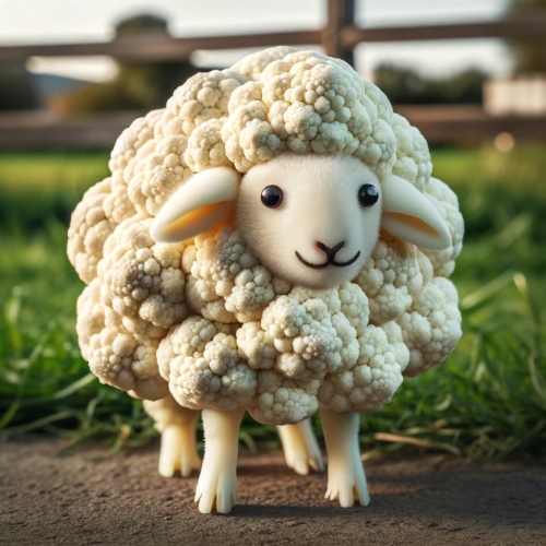 9. Kuzuya dönüşen karnabaharın gerçekçi görüntüsü. Karnabahar yaratıcı bir şekilde kuzuya dönüştürülür; yeşil çiçekçikleri yün gibi korunur ve gözler, kulaklar ve bacaklar gibi ek özellikler eklenir. Arka planda çimenler ve ahşap çitlerle dolu doğal bir çiftlik ortamı var.